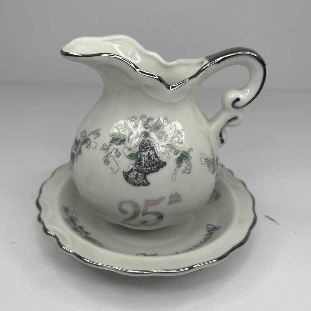 Vintage Lefton China 25th Anniversary Creamer Pitcher and Saucer Set 1134